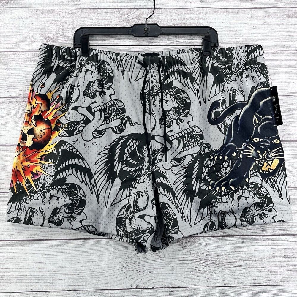 ($65) Ed Hardy Skull Panther 5" Mesh Basketball Shorts Mens XL Grey Eagle Snake‎